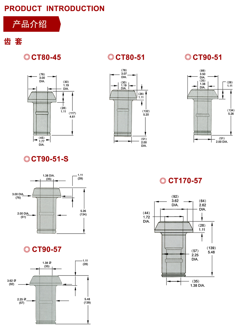 CT80-45截齒套、CT80-51截齒套、CT90-51截齒套、CT90-51-S截齒套、CT90-57截齒套、CT170-57截齒套